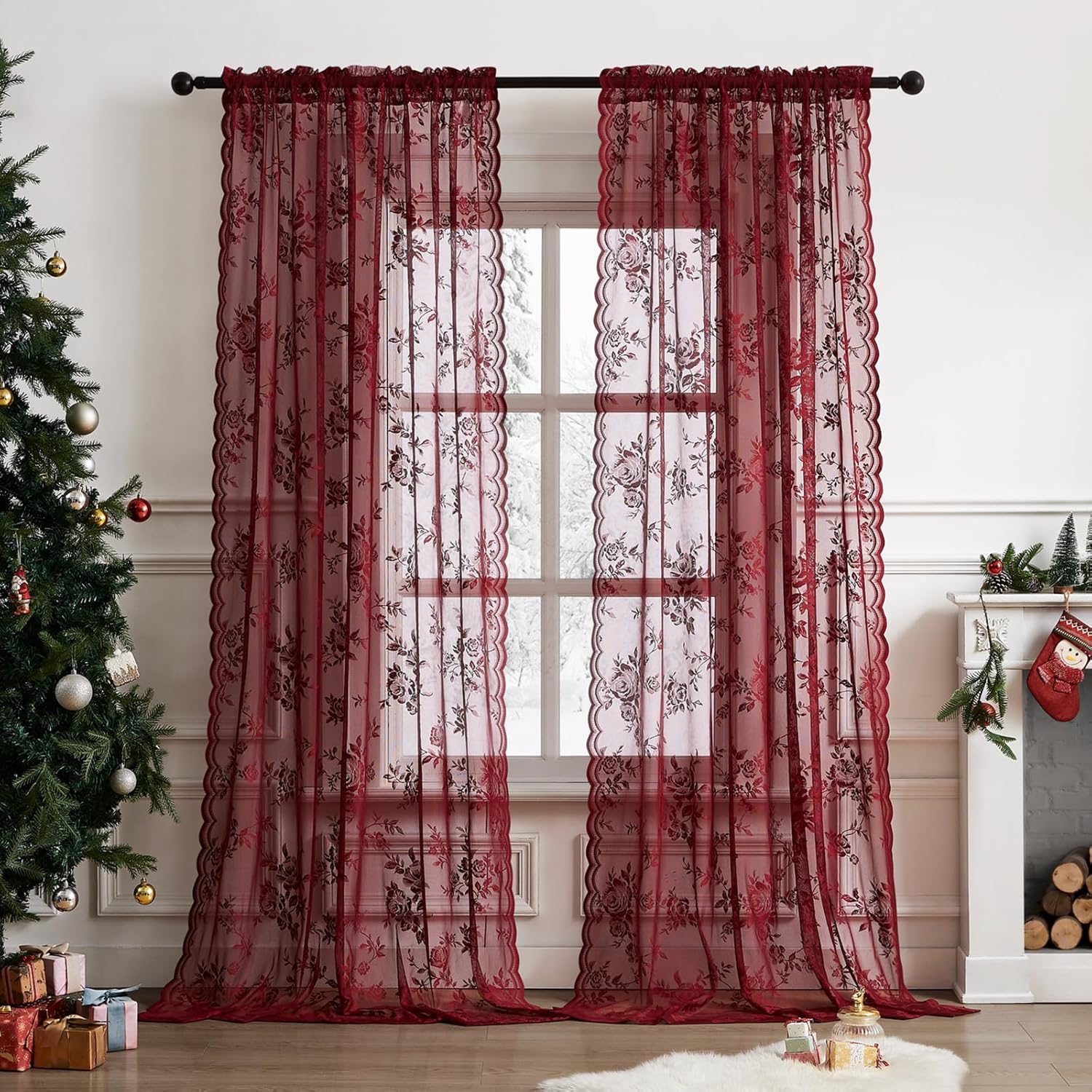 1 stuk bordeauxrode kantgordij - Curtain Rods recensie en prijs